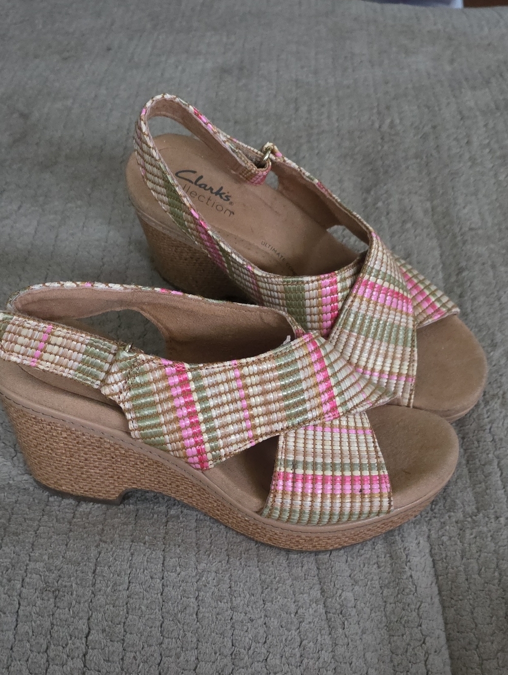 Clarks Pink and Olive Striped Wedge Sandals